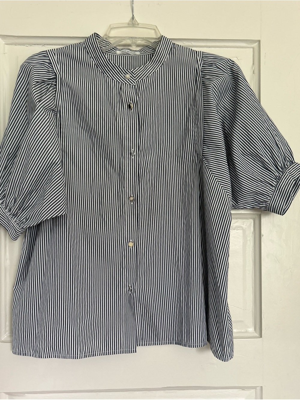 Striped Black & White Puff Sleeve Button-Front Top